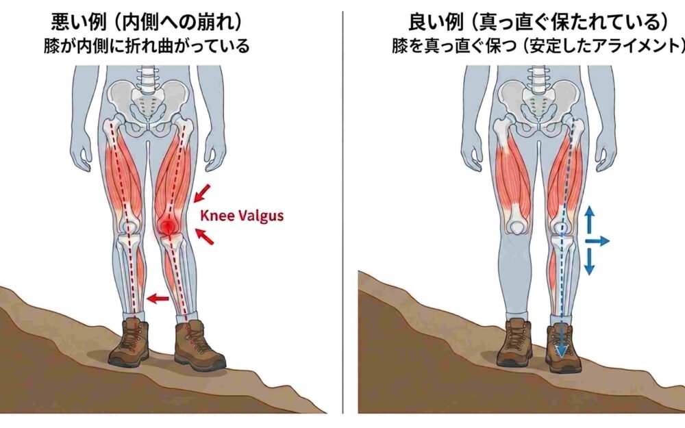 [画像：下山時の着地で膝が内側に折れ曲がっている悪い例と、真っ直ぐ保たれている良い例の比較図解]