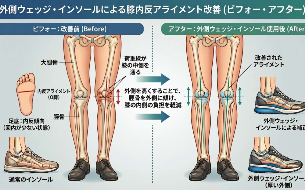 [画像：荷重が内側から外側へシフトするイメージ図（足底板・アライメント修正による変化）]