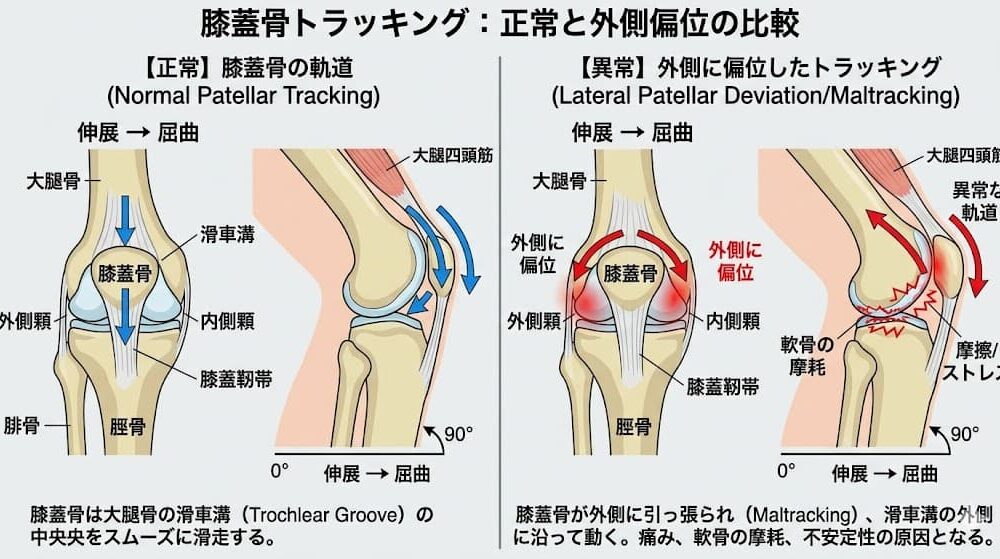 画像:正常な膝蓋骨の軌道と、外側に偏位したトラッキングの比較図